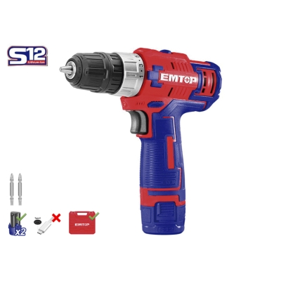 TALADRO BATERIA EMTOP 12V 1.5Ah 45NM (INCLUYE 2 BATERIAS Y MALETIN) CARGADOR TIPO C - motoscamaralweb.com