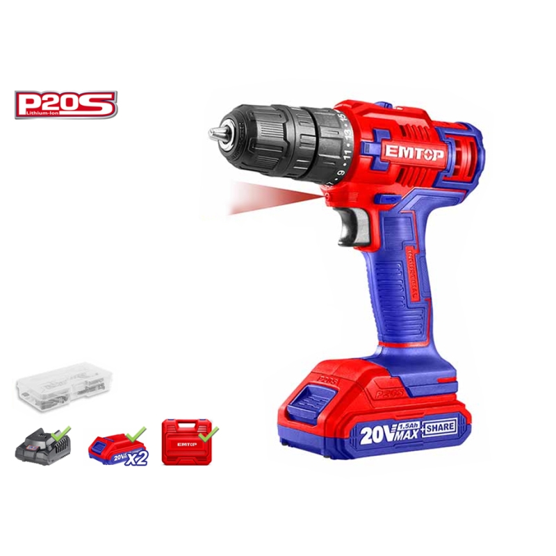 TALADRO BATERIA EMTOP 20V 45NM 15+1 P20S (INCLUYE 2 BATERIAS 2Ah. CARGADOR. MALETIN) - motoscamaralweb.com