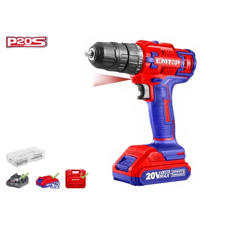 TALADRO BATERIA EMTOP 20V 45NM 15+1 P20S (INCLUYE 2 BATERIAS 2Ah. CARGADOR. MALETIN) - motoscamaralweb.com