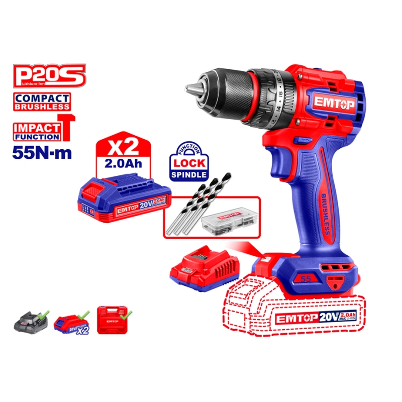 TALADRO PERCUTOR BATERIA EMTOP 20V 55NM 22+1+1 P20S (INCLUYE 2 BATERIAS 2Ah. CARGADOR. MALETIN) - motoscamaralweb.com