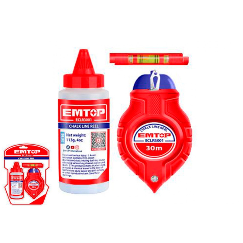 TIRALINEAS - PLOMADA 30M EMTOP (INCLUYE BOTE AZULETE Y MINI NIVEL) - motoscamaralweb.com