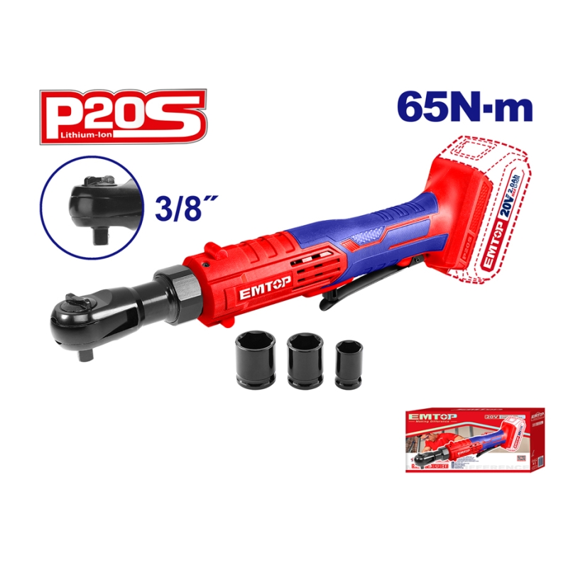 LLAVE CARRACA 65N-m 3/8 EMTOP BATERÍA 20V - P20S - (NO INCLUYE BATERÍA NI CARGADOR) - motoscamaralweb.com