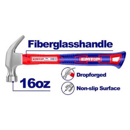 MARTILLO CARPINTERÍA 450g EMTOP (MANGO EN FIBRA ANTIDESLIZANTE - FORJADO) - motoscamaralweb.com