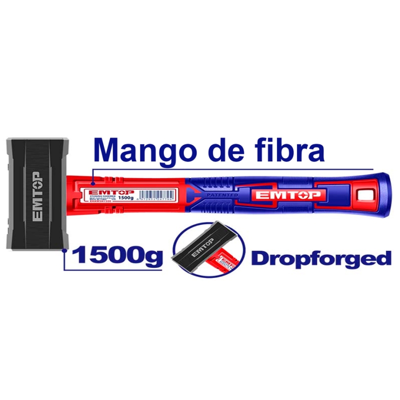 MARTILLO DE OBRA - MAZA 1500g EMTOP (MANGO EN FIBRA - FORJADO) - motoscamaralweb.com