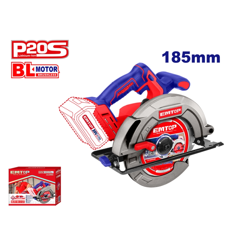 SIERRA CIRCULAR 185MM EMTOP BATERÍA 20V - P20S - (1 DISCO - NO INCLUYE BATERÍA NI CARGADOR) - motoscamaralweb.com