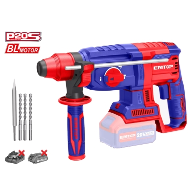 MARTILLO SDS PLUS BATERIA EMTOP 20V 2J 26mm P20S (INCLUYE 3 BROCAS Y 1 CINCEL) - motoscamaralweb.com