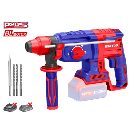 MARTILLO SDS PLUS BATERIA EMTOP 20V 2J 26mm P20S (INCLUYE 3 BROCAS Y 1 CINCEL) - motoscamaralweb.com