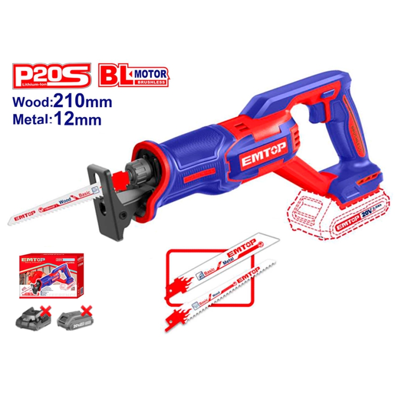 SIERRA SABLE EMTOP BATERÍA 20V - P20S - (1 SIERRA MADERA + 1 METAL - NO INCLUYE BATERÍA NI CARGADOR) - motoscamaralweb.com
