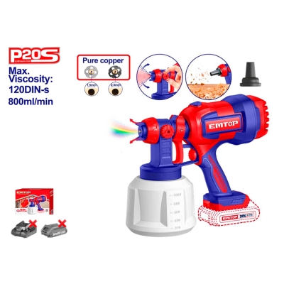 PISTOLA PINTURA BATERIA 20V 0.1-0.2bar 800ml/min - P20S EMTOP (NO INCLUYE BATERIA NI CARGADOR) - motoscamaralweb.com