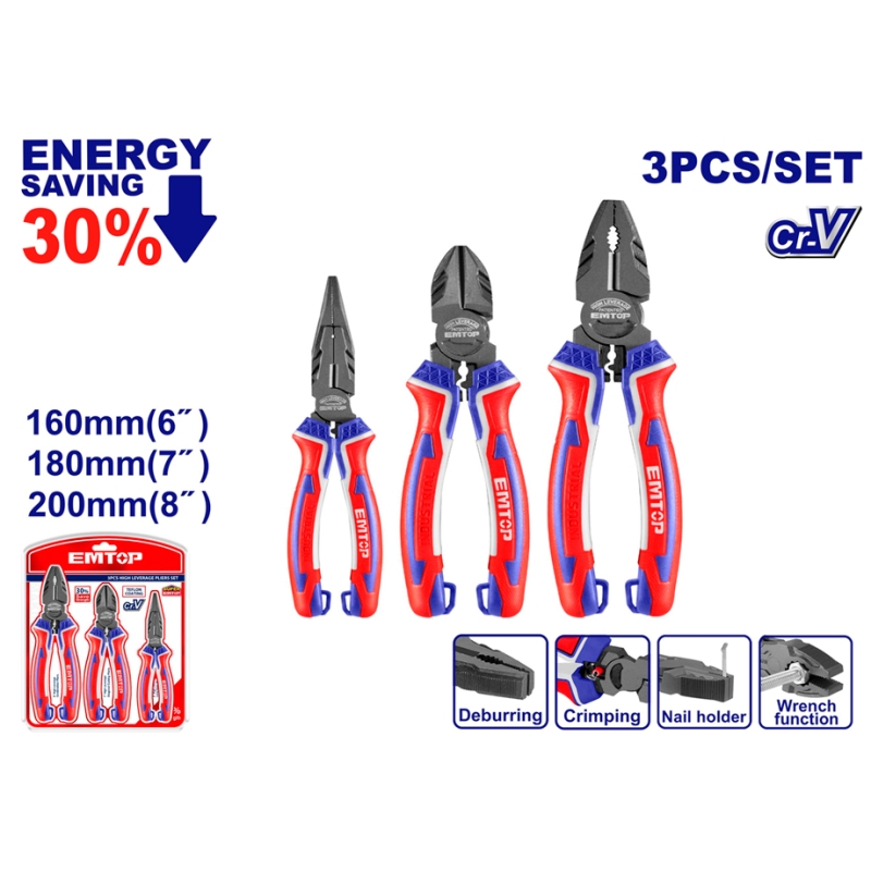 CONJUNTO 3 ALICATES Cr-V EMTOP (COMBINADO 8 - CORTE 7 - PINZA 6) - motoscamaralweb.com