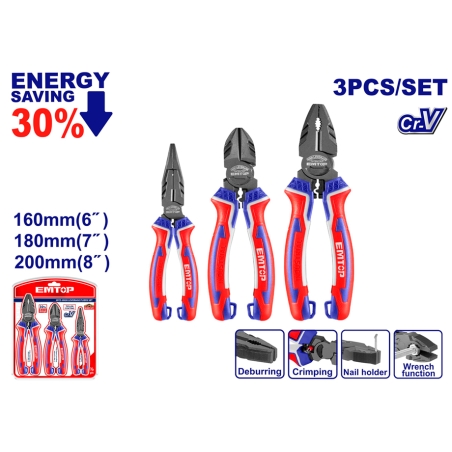 CONJUNTO 3 ALICATES Cr-V EMTOP (COMBINADO 8 - CORTE 7 - PINZA 6) - motoscamaralweb.com
