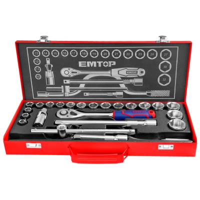 MALETIN AUTOCLE 24 PIEZAS 1/2 Cr-V EMTOP (INCLUYE VASOS 10-32. CARRACA Y EXTENSIONES) - motoscamaralweb.com