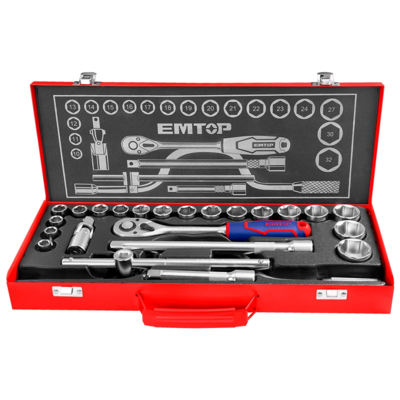 MALETIN AUTOCLE 24 PIEZAS 1/2 Cr-V EMTOP (INCLUYE VASOS 10-32. CARRACA Y EXTENSIONES) - motoscamaralweb.com