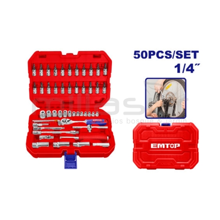 MALETIN 50 PIEZAS 1/4 Cr-V EMTOP (INCLUYE VASOS 4-14. LLAVES Y EXTENSIONES) - motoscamaralweb.com