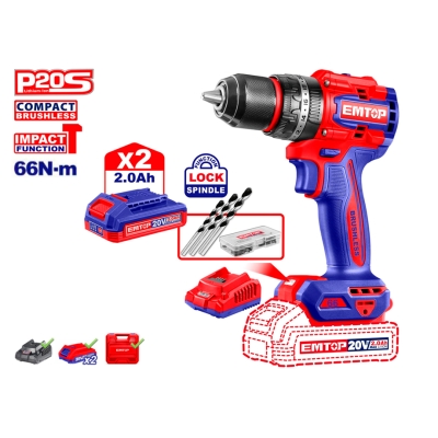 TALADRO PERCUTOR BATERIA EMTOP 20V 66NM 22+1+1 P20S (INCLUYE 2 BATERIAS. CARGADOR. MALETIN) - motoscamaralweb.com