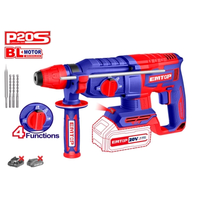 MARTILLO SDS PLUS BATERIA EMTOP 20V 2.5J 26mm P20S (INCLUYE 3 BROCAS Y 1 CINCEL) - motoscamaralweb.com