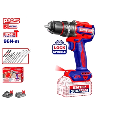 TALADRO PERCUTOR BATERIA EMTOP 20V 96NM 22+1+1 P20S - motoscamaralweb.com