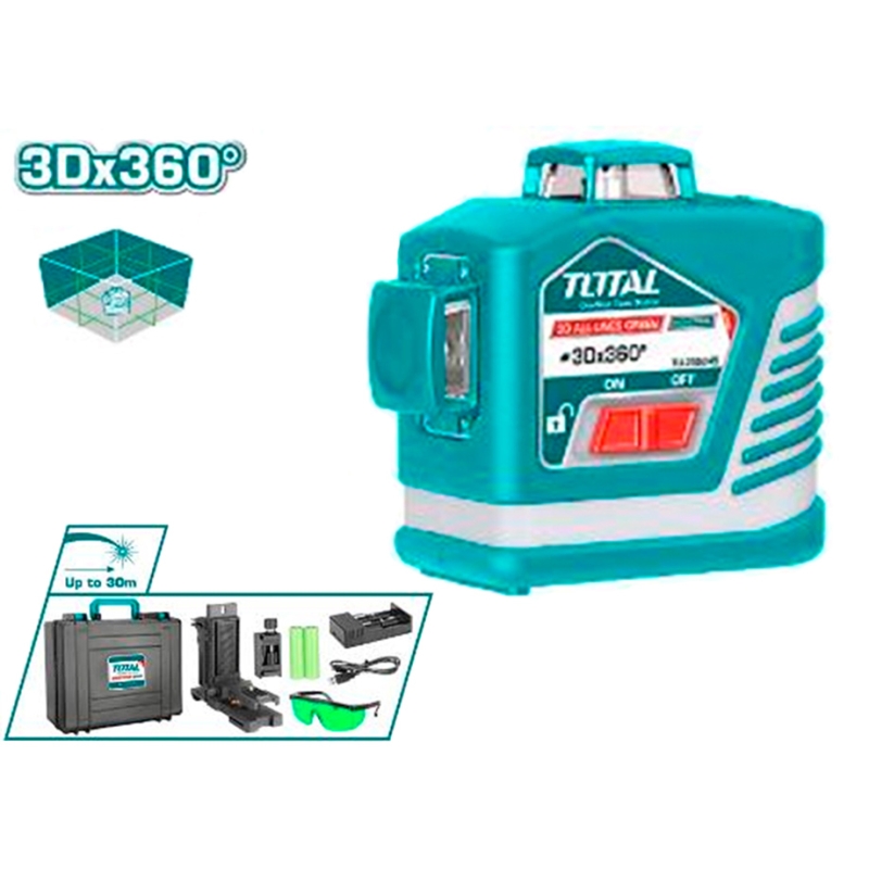 NIVEL LASER 360º BATERIA - 30M TOTAL (INCLUYE CARGADOR. GAFAS. CONECTOR. SOPORTE 3D) - motoscamaralweb.com