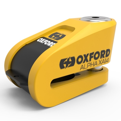 Candado de disco con alarma OXFORD Alpha XA14 Ø14mm acero inoxidable negro / amarillo - motoscamaralweb.com