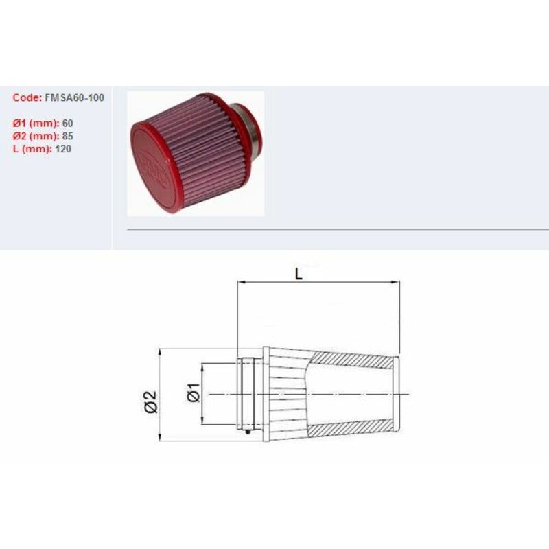 Filtro de aire BMC universal cónico Ø60mm x 100mm - motoscamaralweb.com Filtro de aire BMC universal cónico Ø60mm x 100mm - motoscamaralweb.com