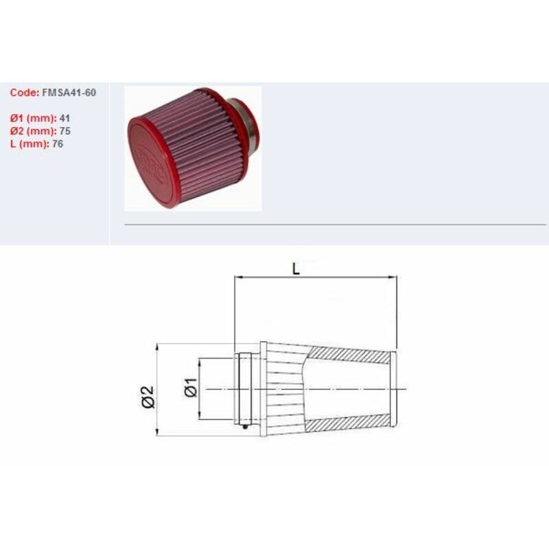 Filtro de aire BMC universal cónico Ø41mm x 60mm - motoscamaralweb.com Filtro de aire BMC universal cónico Ø41mm x 60mm - motoscamaralweb.com