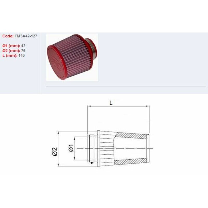 Filtro de aire BMC universal cónico Ø42mm x 127mm FMSA42-127 - motoscamaralweb.com Filtro de aire BMC universal cónico Ø42mm x 127mm FMSA42-127 - motoscamaralweb.com