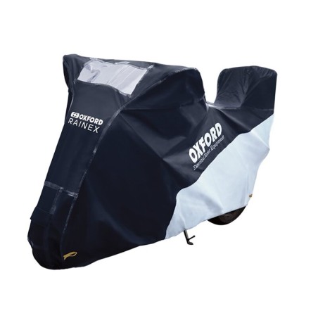 Funda cubremoto para exterior OXFORD Rainex - Moto / Scooter con baúl - Negro / Plata - XL - motoscamaralweb.com