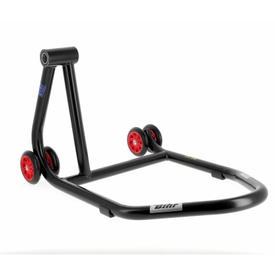 Caballete monobrazo izquierdo BIHR Home Track color negro mate y ruedas rojas - motoscamaralweb.com