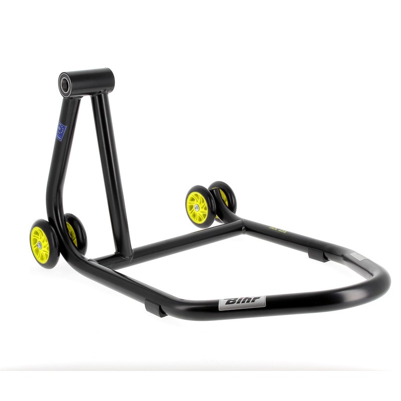 Caballete monobrazo izquierdo BIHR Home Track color negro mate y ruedas amarllas - motoscamaralweb.com
