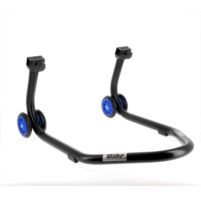 Caballete trasero BIHR Home Track soporte en V color negro mate y ruedas azules - motoscamaralweb.com