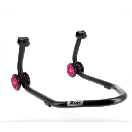 Caballete trasero BIHR Home Track soporte en V color negro mate y ruedas rosas - motoscamaralweb.com