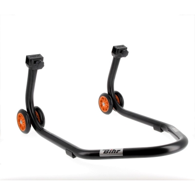 Caballete trasero BIHR Home Track soporte en V color negro mate y ruedas naranjas - motoscamaralweb.com