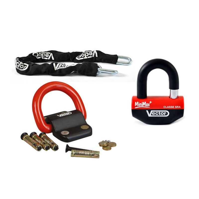 Kit antirrobo VECTOR Candado MiniMax+ Ø16mm + Cadena Ø13mm / 1.3m + Anclaje Ø22mm - motoscamaralweb.com Kit antirrobo VECTOR Candado MiniMax+ Ø16mm + Cadena Ø13mm / 1.3m + Anclaje Ø22mm - motoscamaralweb.com