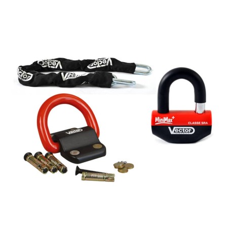 Kit antirrobo VECTOR Candado MiniMax+ Ø16mm + Cadena Ø13mm / 1.3m + Anclaje Ø22mm - motoscamaralweb.com