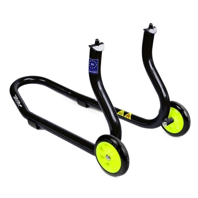 Caballete delantero Bihr para horquillas perforadas. Color negro y ruedas amarillas. - motoscamaralweb.com