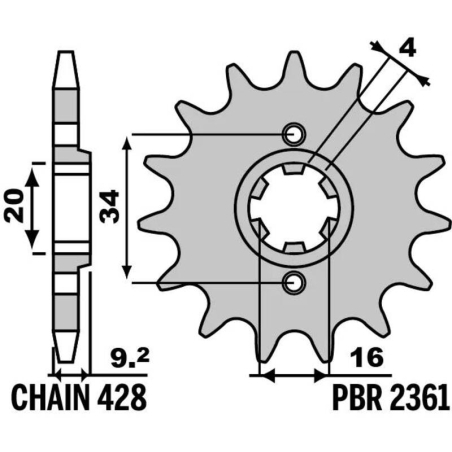 Piñón PBR acero estándar 2361 - Paso 428 - motoscamaralweb.com