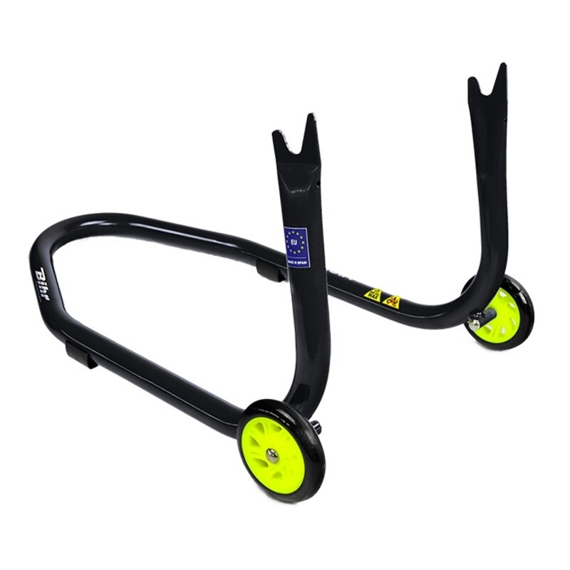 Caballete trasero Bihr con soportes en V para diábolos. Color negro y ruedas amarillas. - motoscamaralweb.com
